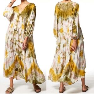 LOWEST PRICE! YBF Dawn Tie-Dye Maxi Dress Rayon Olive Green, Gold w MEASUREMENTS